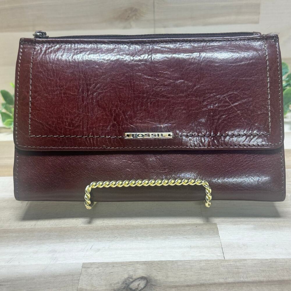Fossil Genuine Leather Wallet‎ Clutch Organizer Burgundy Brown Trifold Zip EUC